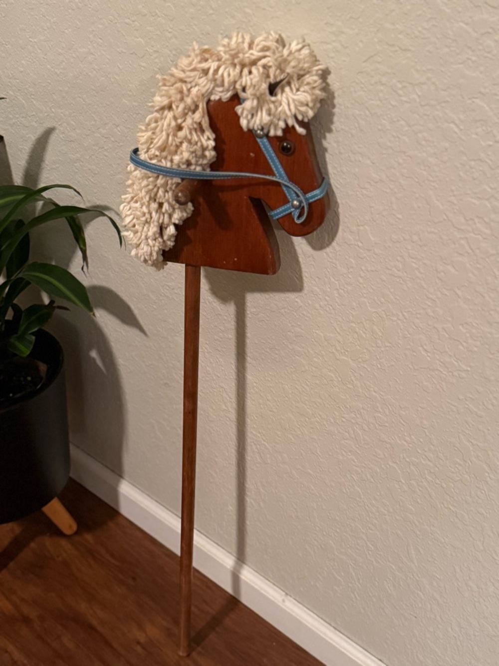 Vintage Wooden Stick Horse Toy with Yarn Mane and Blue Bridle